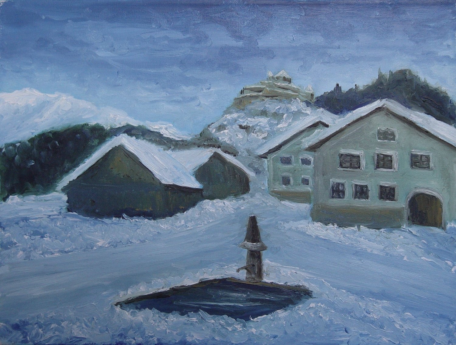 Winterliches Tarasp mit Schloss und Brunnen